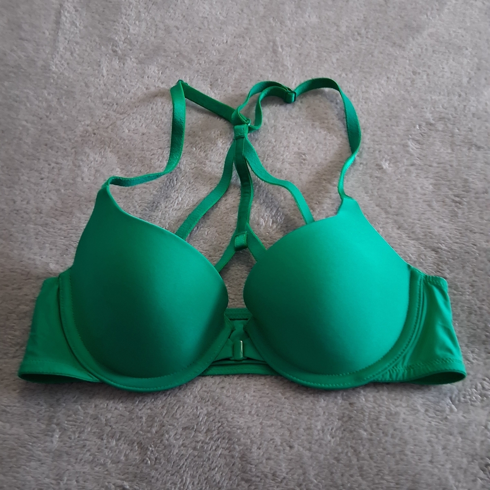 Victoria’s Secret Green Lined Demi Bra Underwire Front Close Strappy 32B